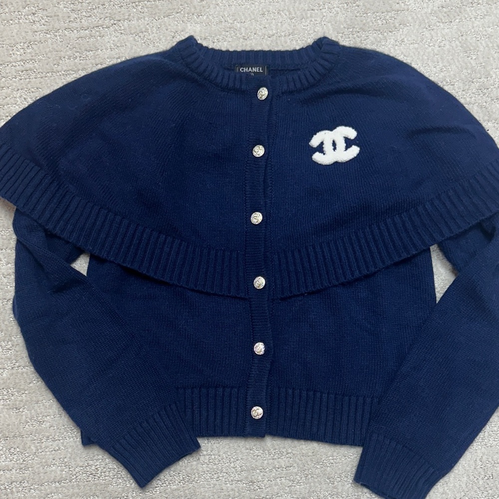Chanel Dark Blue Cardigan with White Logo